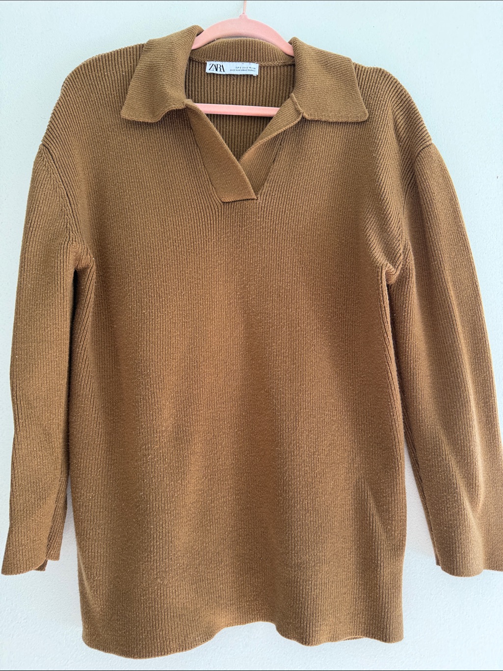 Zara Camel Brown Knit Polo-Style Sweater